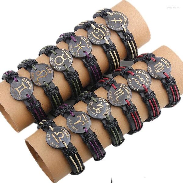 Braccialetti con ciondoli MDNEN 12 Pz/set Dodici Costellazioni Braccialetti di Cuoio DELL'UNITÀ di elaborazione Braccialetti Dello Zodiaco Per Le Donne Degli Uomini Accessori A Mano QNS1003