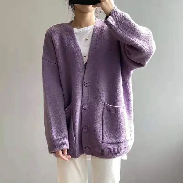 Feminino roxo grosso bolso botão oversized longo malha camisola cardigan jaqueta amarelo com decote em v harajuku cardigan outono inverno 240105