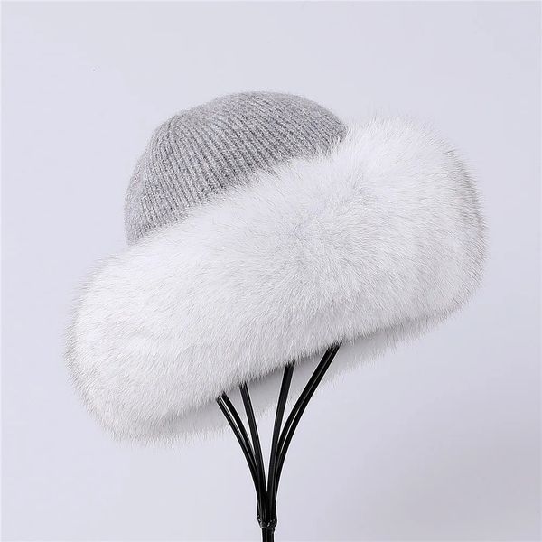 Kadınlar Angora Örme Beanie Şapkası Tilki Kürk Kırpma Kepi Kepi Üst Şapkalar Polar Astar 240106