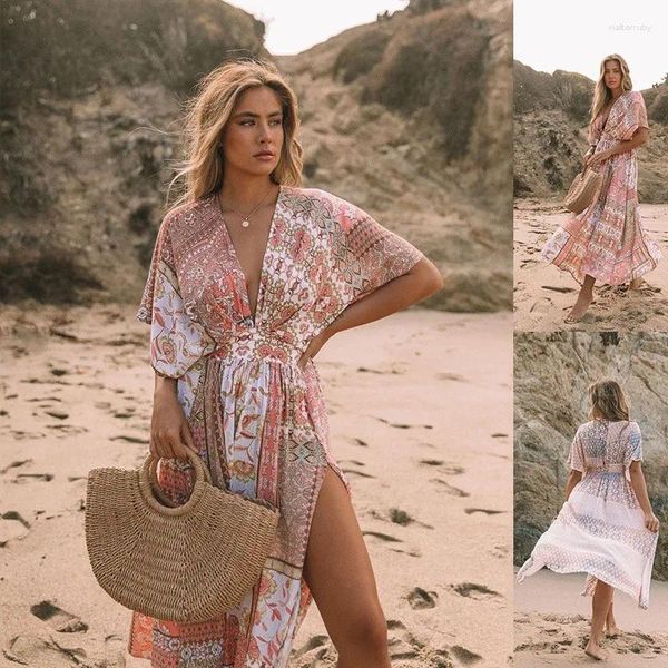 Damenbadebekleidung Pareo Frauen Strand Cover Up Sommerkleid für 2024 Weibliche unregelmäßige Druck Smock Baumwolle Beachwear Wear Pareos Bikini Robe Schwimmen