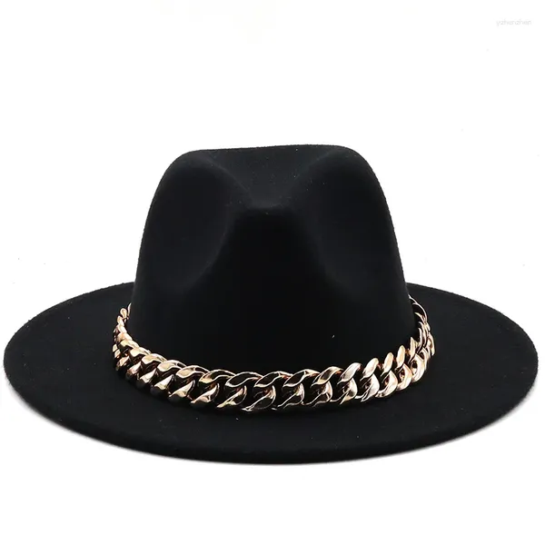 Berets Chapéu das Mulheres Borda Larga Grosso Cadeia de Ouro Banda Clássico Preto Bege Selvagem Panamá Cowboy Jazz Homens Caps Luxe Fedora Chapéus Mulheres