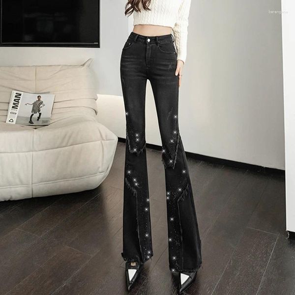 Jeans da donna di lusso strass Flare per le donne 2024 Pantaloni skinny neri vintage con nappe patchwork boot-cut in denim Pantaloni moda Mujer
