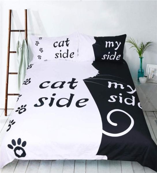 Novo estilo preto e branco conjunto de capa de edredão criativo dogcat lado com meu lado capa de edredão fronha casal conjunto de cama lj2010151171245