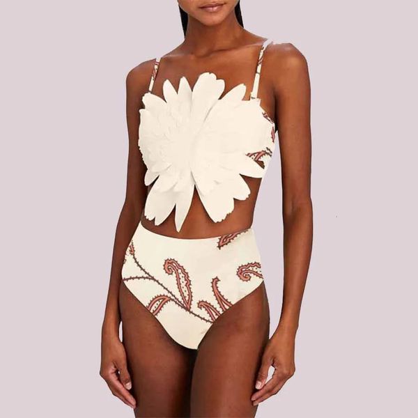 Beyaz Üç Boyutlu Çiçek Dekorasyonlu Mayo İki Parça Yüksek Bel Baskı Sırtsız Seksi Bikini Moda Push Up Beachwear 240105