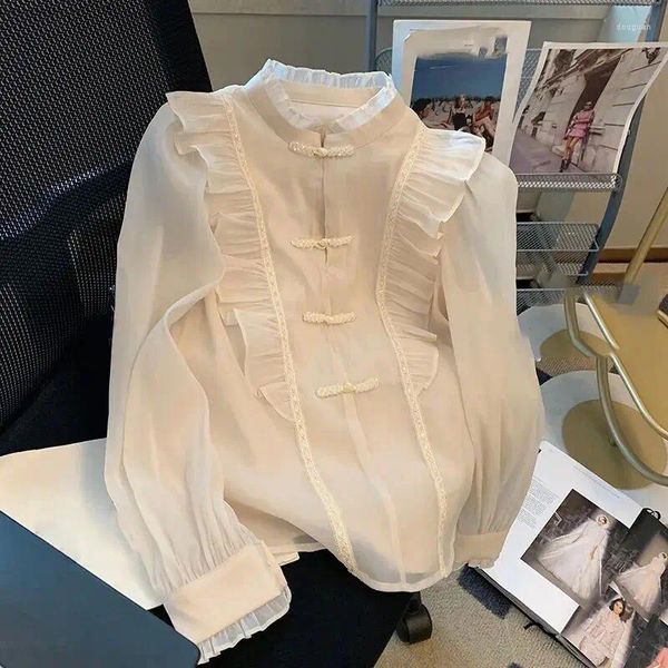 Kadın bluzları lotus yaprak kenarı stand-up yaka uzun kollu plaka tokası gömlek kadın 2024 İlkbahar ve sonbahar Kore tasarım duygusu Çin W