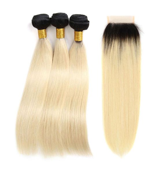 Chiusura Ombre con pacchi dritto brasiliano 1B613 biondo bicolore radici nere capelli umani 3 pacchi con pizzo a 44 parti Clos2872290