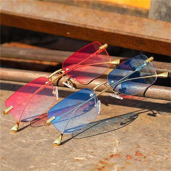 Mode Randloze Kleine Rechthoek Zonnebril Dames Retro Helder Gradiënt Brillen Heren Kleurrijke Vierkante Zonnebril Tinten UV400