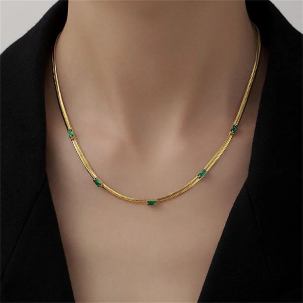 Nova moda plana cobra corrente gargantilha colar feminino cor dourada 14k amarelo ouro verde cz colar para presente de jóias femininas