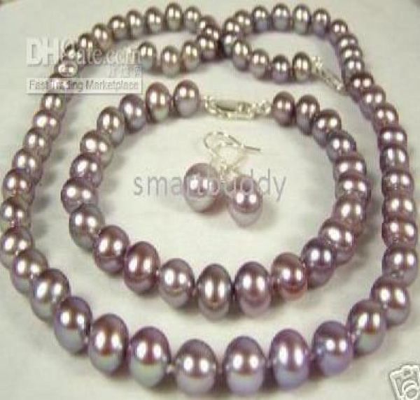 Set di orecchini e bracciale con collana di perle viola moscato naturale fine da 89 mm4576437