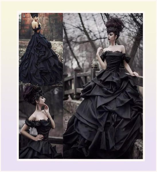 Vestido de baile preto vintage vestidos de casamento fora do ombro comprimento total longo babados em cascata e vestidos de noiva góticos franzidos 2022 me4753686