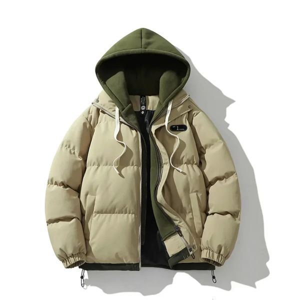 Jaqueta de inverno masculina ao ar livre com capuz engrossar parkas masculino falso duas peças jaquetas pão casacos casal moda allmatch outcoat 240106