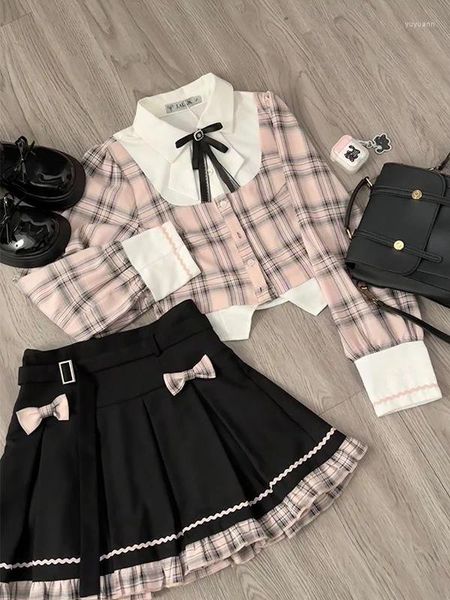 Vestidos de trabalho Camisa de retalhos xadrez da faculdade Doce da faculdade PLARED SKIRT STILH DE TUHEIRA MULHERM MULHER MULHERA CORREIRA BOIO RETRO TIRA FONDE