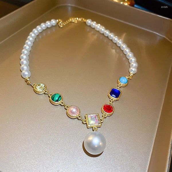 Colares de pingente de pérola colorido cristal quadrado jóia francês estilo vintage colar corrente luz luxo versátil colar de alta qualidade
