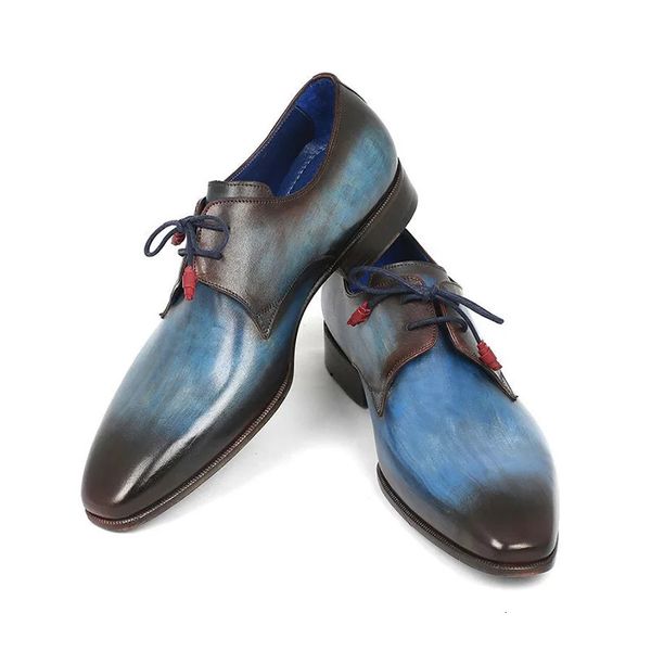 Blue Brown Painted Hand Men's Genuine Leather Point Slip em Sapatos Diários de Derby de Moda de Vestido de Partema Diário 240106