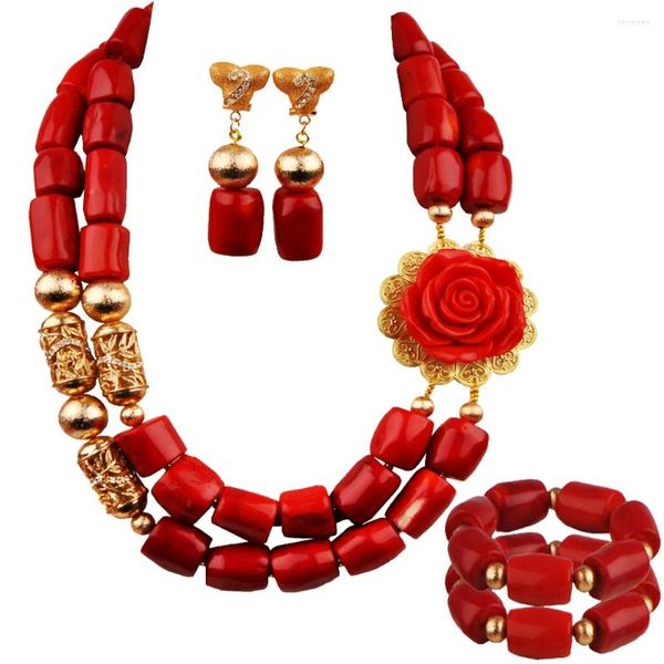 Halskette-Ohrringe-Set, nigerianische Hochzeit, rote Blume, Koralle, 2 Armbänder, afrikanische Braut, 23-530AB