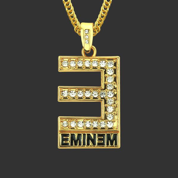 Collana con lettera e di design nuovo stile Hip Hop tempestato di diamanti, pendente alla moda da uomo alla moda