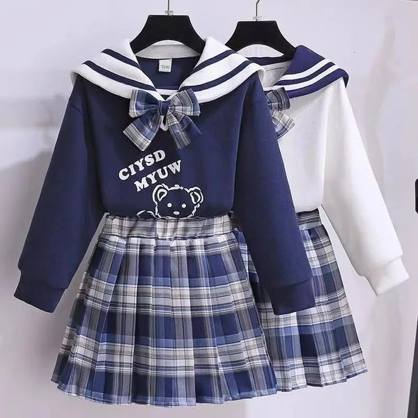 Outono júnior meninas jk uniforme terno crianças bonito dos desenhos animados moletom saia plissada primavera roupas escolares 315y 240106