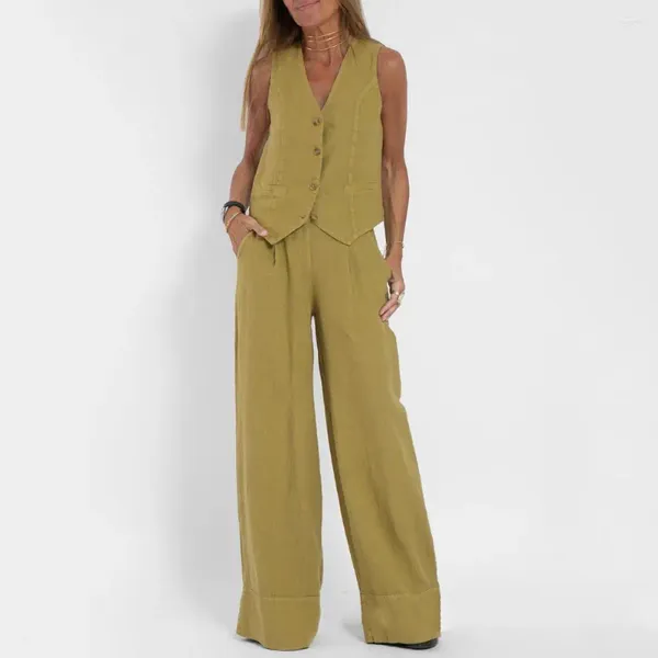 Pantaloni a due pezzi da donna Set completo da donna aperto sul davanti per gilet senza maniche a gamba larga in lino di cotone abito lungo da ufficio