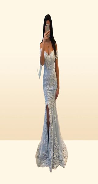 Sexy schulterfreies Splitter-Abschlussballkleid, Spitze, Meerjungfrau-Stil, Applikationen vorne, geteilt, stilvolle Abend-Party-Kleider, elegantes langes Vestido2670347