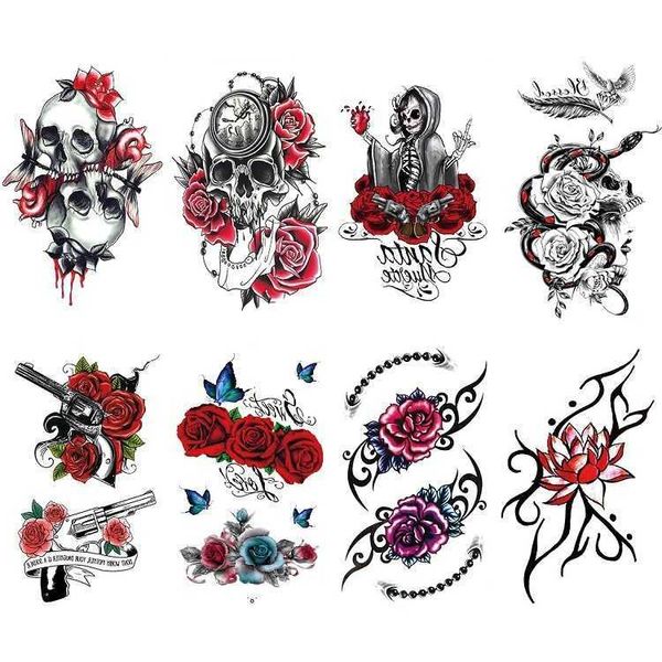 Totenkopf-Tattoo-Aufkleber mit ewiger Bedeutung, Uhralarm, rote Rose, Pistole, Brustmaske, Wassertransfer