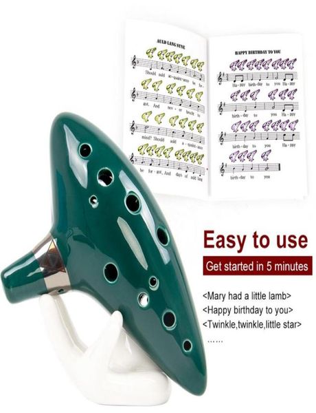 Ocarina inteira 12 tons alto c com suporte para exibição de livro de músicas, cordão verde fácil para iniciantes aprenderem 6740827