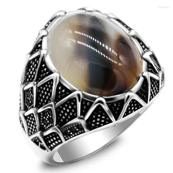 Anéis de cluster Natural Onyx Masculino 925 Sterling Silver Ocean Ágata Pedra Punk Estilo Turco Jóias Anel Conjunto para Mulher