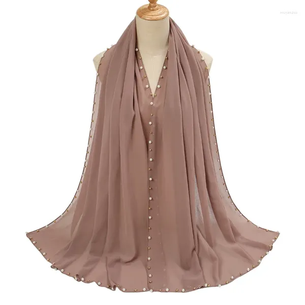 Roupas étnicas KepaHoo Bolha Chiffon Lenço Simples Xales Golded Frisado Pérola Grande Solider Cor Foulard Femme Hijab Muçulmano 175 75cm