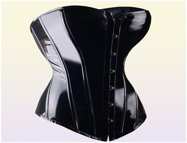 Corsetto overbust sexy in PVC nero Steampunk Lingerie basca Top Goth Rock Corsetto Corsetto sexy in pelle per allenatore in vita per le donne Y111925918162