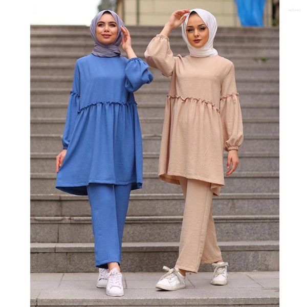 Этническая одежда Кафтан Дубай Абая Турция Модное платье-хиджаб Мусульманские комплекты Исламский женский комплект из двух частей: топы и длинные брюки, женский наряд