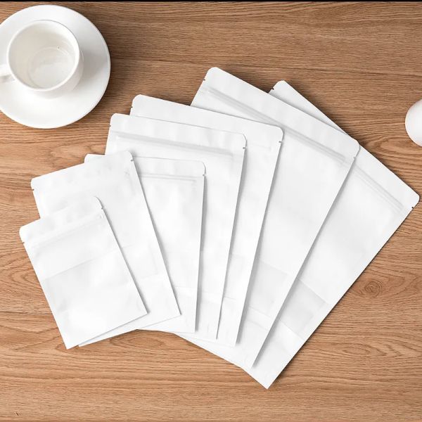 Toptan 100 PCS kalınlıkta Stand Beyaz Kağıt Pencere Zip Kilit Çantaları Yeniden Yerleştirilebilir Bisküviler Kahve Tozu Kurutulmuş Meyveler Çay Hediyeleri Depolama Zz