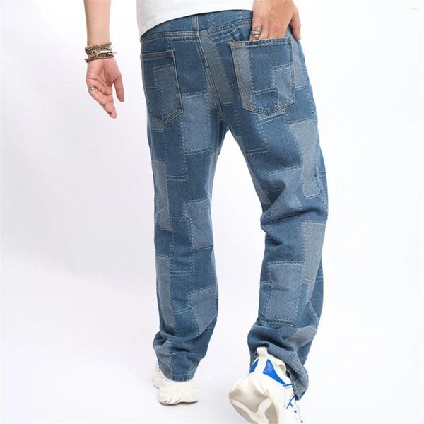 Jeans da uomo Pantaloni larghi con toppe da uomo Pantaloni larghi in denim dritti hip-hop larghi con cuciture a blocchi di colore azzurro intenso alla moda maschile