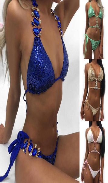 Sexy Frauen Glitter Pailletten Kristall Bademode Bikinis Set Gold Grün Blau Monokini Pushup Gepolsterter Badeanzug Brasilianische Badeanzug9143935