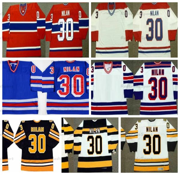 1988-89 Erkek Chris Nilan 30 Hokey Formaları Vintage Kırmızı Mavi Siyah 75. ED Gömlekleri Özelleştirme M-XXXL