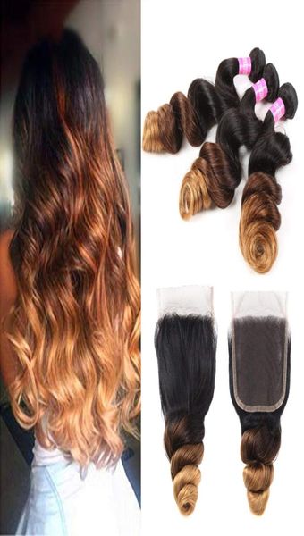 Brasiliani 1B 4 30 fasci di estensione dei capelli vergini onda sciolta con chiusura Ombre tre toni capelli umani 3 pacchi con 44 pizzo Clos4186687