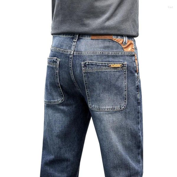 Calças de brim masculinas marca estiramento 2024 negócios casual fino ajuste calças jeans azul masculino