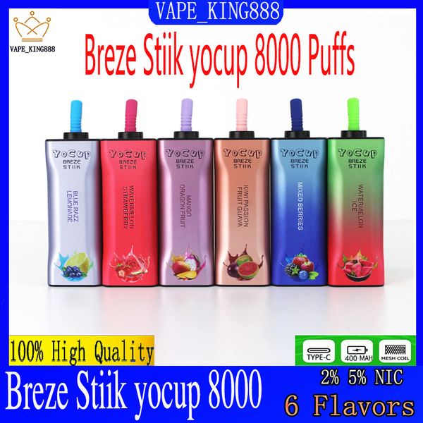 Orjinal Breze Stiik Yocup 8000 Puflar Tek Kullanımlık Vape Cihaz E-sigara şarj edilebilir 600mAh Pil E-sıvı pil göstergesi olan LED ışıkları 8k