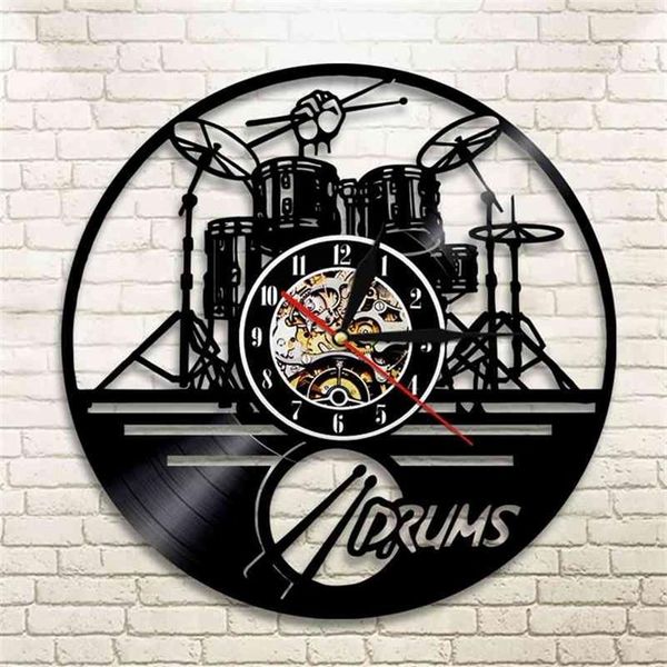 Drums de guitarra Conjunto de silhueta LED LUZ DE BENÇÃO RELOJ Música Moderna Vinil Relógio 3D Relógio de parede Horloge Band Membro Fan Handmade Gift 210322758