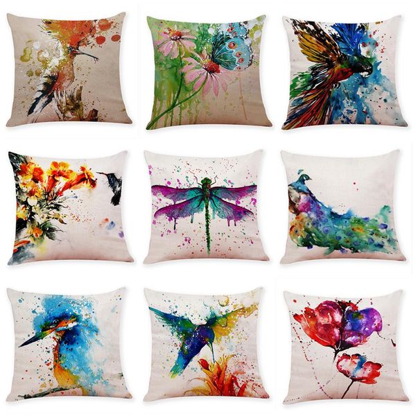 Capas de almofada de linho aquarela flores e pássaros para casa sofá quadrado fronha decorativa sem inserção 182917986
