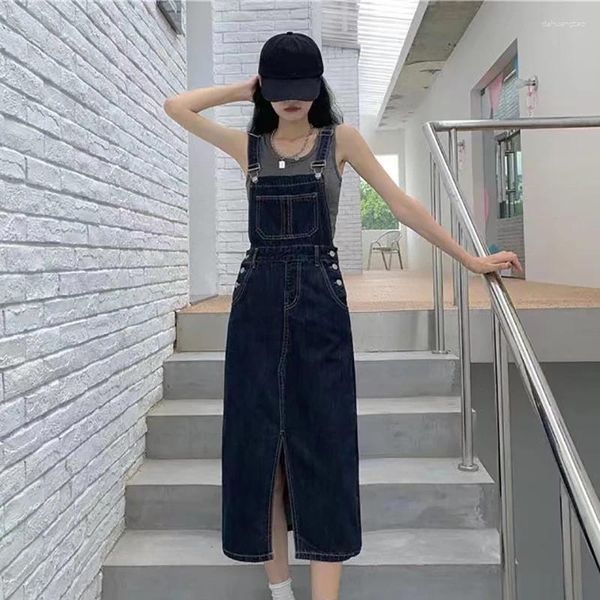 Casual Kleider S-5XL Frauen Denim Overall Kleid Koreanische Stil Plus Größe Hohe Taille Schlitz Strap Vestidos Mittellange Hosenträger Jean