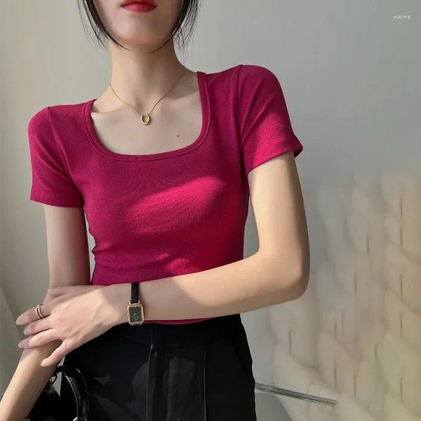 T-shirt da donna T-shirt in puro cotone stile coreano Camicia con fondo aderente aderente sexy slim con collo quadrato filettato ad alta elasticità