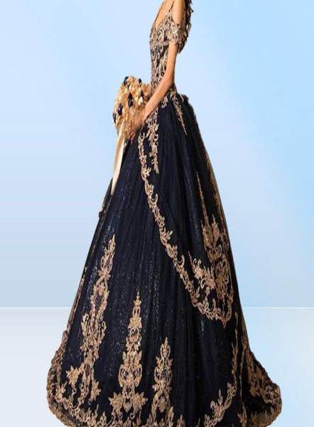 2021 Сексуальное темно-синее блестящее платье Quinceanera Бальное платье с открытыми плечами Золотая вышивка Кружева Хрустальные бусины с блестками Sweet 16 Vestido 6667440