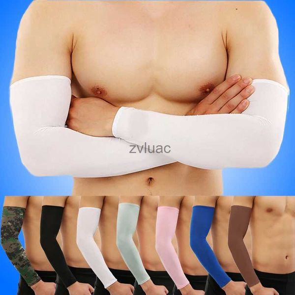 Aquecedores de pernas de braço Luvas sem dedos 1 par unissex mangas de braço de seda gelo UV proteção solar capa de tatuagem esporte basquete braçadeira homens mulheres punhos de braço verão YQ240106