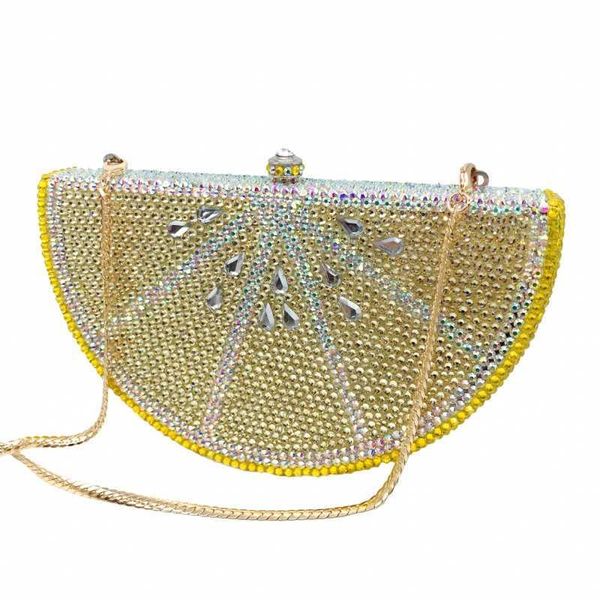 Borsa da pranzo intarsiata con diamanti a forma di limone, borsa alla moda per banchetti, scatola rigida con fondo piatto240115