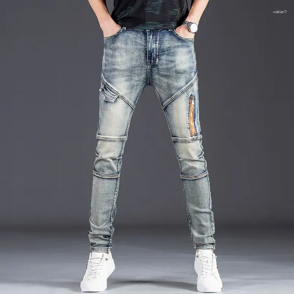 Jeans da uomo autunno elastico di fascia alta per pantaloni lunghi alla moda personalizzati da motocicletta slim fit vintage