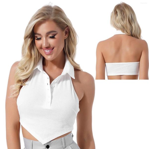 Damen-Tanks OFFICE LADY Sommermode Damen Neckholder Umlegekragen ärmelloses Crop-Top Asymmetrischer Saum rückenfrei geripptes T-Shirt mit Knopf