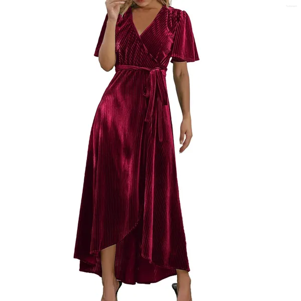 Casual Kleider Gold Samt V-Ausschnitt Abendkleid 2024 Frauen Elegante Tunika Schärpen Party Maxi Rüschen Kurze Ärmel Prom Cocktail