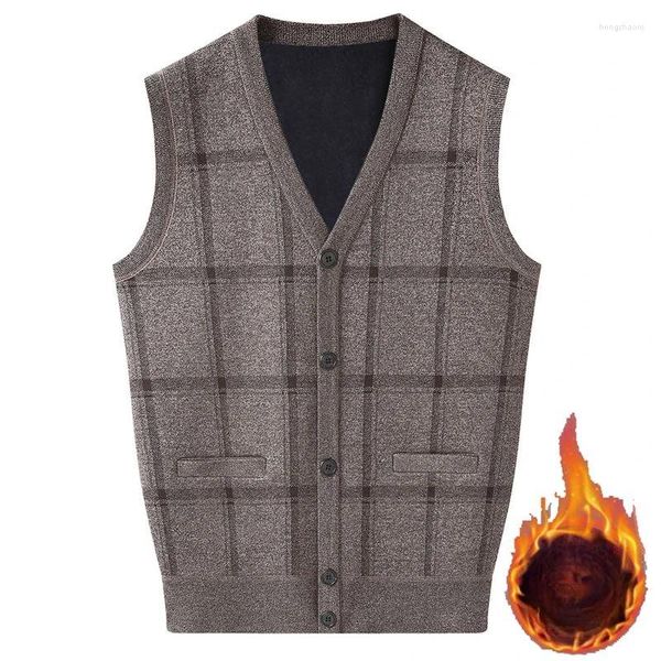 Coletes masculinos 2024 outono inverno xadrez camisola colete masculino com decote em v sem mangas casacos de malha homens botão cardigan engrossar colete d750