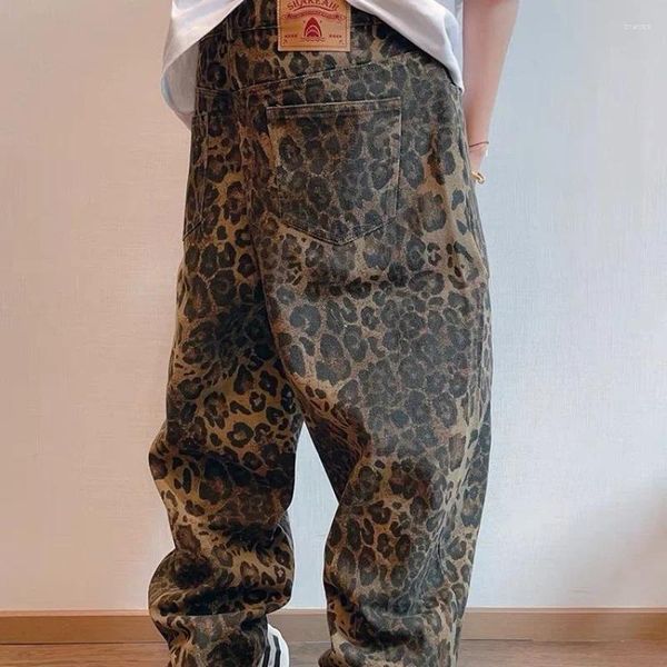 Jeans masculinos EOENKKY / Tan Leopard Homens Denim Calças Masculinas Oversize Calças Largas Calças Streetwear Hip Hop Roupas Vintage Soltas Casual