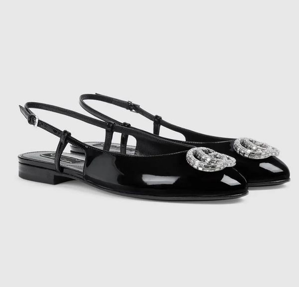 Sandali con doppia G in cristallo all'ingrosso Scarpe da donna in pelle verniciata Nude Nero Slingback Party Ballerine da sposa Lady Comfort Walking EU35-43