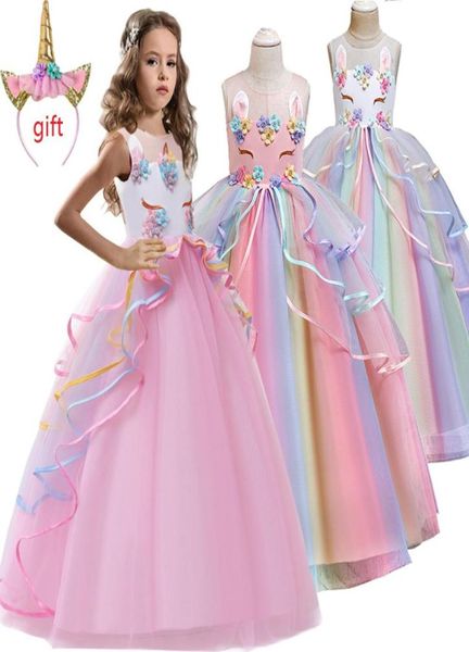 Natal enviar um presente festa de aniversário de alta qualidade vestido de casamento infantil 414Y meninas apliques bordados unicórnio vestido longo T27950085